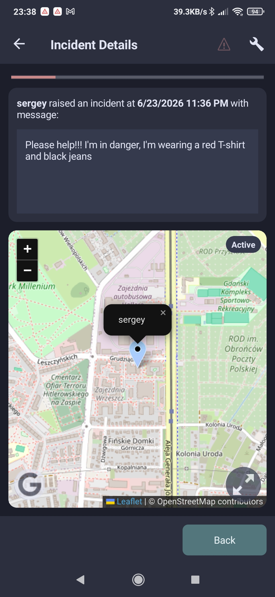 Incident details with message and map location
